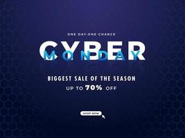 Cyber Monday Biggest Sale Poster Design with Discount Offer on Blue Hexagon Pattern Background. vector