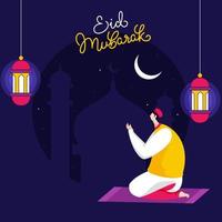 Calligraphy of Eid Mubarak Text with Muslim Man Offering Namaz, Crescent Moon and Hanging Illuminated Lanterns on Purple Mosque Background. vector