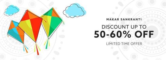 Makar Sankranti Sale Header Or Banner Design With Discount Offer And Kites On White Mandala Pattern Background. vector