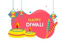 Happy Diwali Text with Lit Oil Lamps, Firecracker Rockets and Hanging Lanterns Decorated on Light Red and White Background. vector