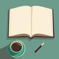 Top View of Open Book With Blank Pages, Pencil, Tea Cup Element On Pastel Teal Background. vector