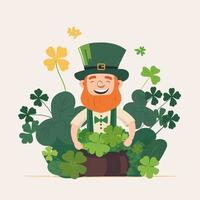 Cheerful Leprechaun Man Character Standing On Clover Leaves Background. St. Patrick's Day Concept. vector