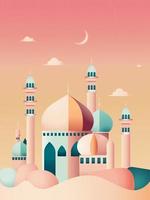 Colorful Beautiful Mosque Illustration On Crescent Moon Gradient Background And Copy Space. vector