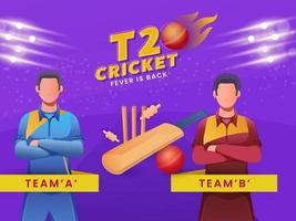 Cartoon Cricketers of Participant Teams with Equipment on Purple Lights Effect Background for T20 Cricket Fever Is Back. vector