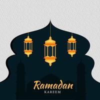 Islamic Holy Month of Ramadan Concept with Hanging Illuminating Lanterns, and Mosque Silhouette on Teal Green and White Background. vector