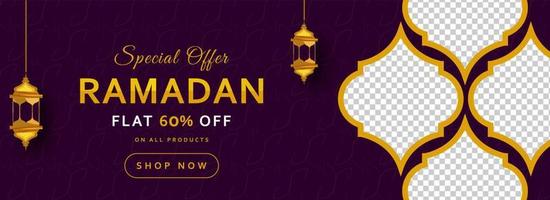 Islamic Holy Month of Ramadan Sale Banner with Illuminated Golden Lanterns, and Window. vector