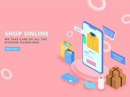 Online Shopping from 3D Smartphone with Carry Bags, Sanitized Boxes, Safety Mask and Payment Card on Pink Background. vector