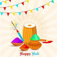 Illustration of Drum with Water Gun, Bowls and Mud Pot Full of Powder on Mandala Pattern Rays Background Decorated with Bunting Flags. vector