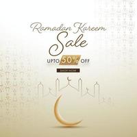 Islamic Holy Month of Ramadan Sale Concept with Crescent Golden Moon and Line-art Mosque on Beige Background. vector