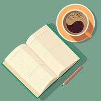 Top View of Open Book or Diary With Blank Pages, Pencil, Tea Cup Element On Pastel Green Background. vector