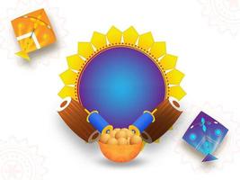 Illustration Of Indian Sweet Bowl With String Spools, Kites, Dhol And Empty Mandala Frame Given For Text. vector