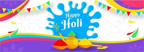 Happy Holi Celebration Background with Color Bowls, Mud Pot and Water Gun. Header or Banner Design. vector