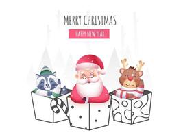 Cartoon Santa Claus with Reindeer and Raccoon Inside a Different Gift Box on the Occasion of Merry Christmas Happy New Year. vector