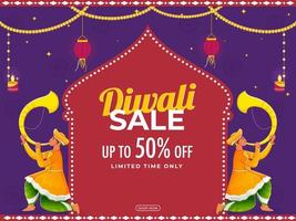 Diwali Sale Poster Design With Traditional Tutari Players Illustration. vector
