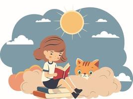 joven niña personaje leyendo un libro a apilar de libros con linda gato, nubes en Dom pizarra y blanco antecedentes. vector