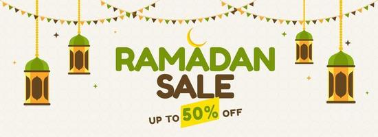 Islamic holy month of Ramdan Sale Banner with Hanging Colorful Lanterns, Crescent Golden Moon and Colorful Bunting Flags. vector