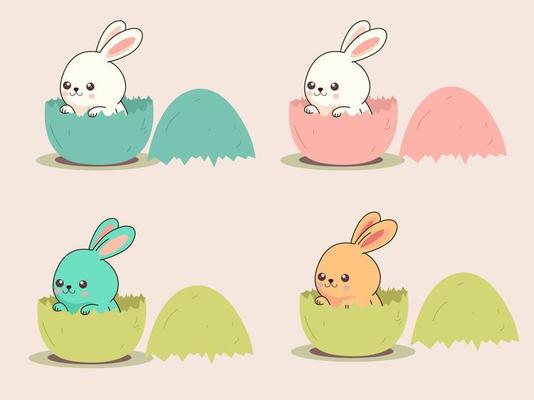 Set Of Cute Baby Rabbit Character Inside Cracked Eggshells On Pastel Pink Background.