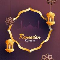 Iit candles inside arabic golden lanterns, bunting flags, golden frame and mosque silhouette  for Islamic holy month of Ramadan Kareem occasion. vector