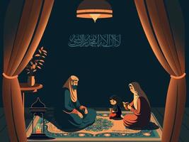 Arabic Islamic Calligraphy of Wish There is no one Worthy of Worship except Allah and Muhammad And Muslim Family Characters Praying Together At Home. vector