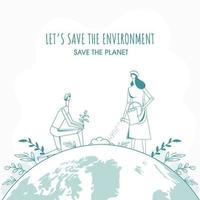 Doodle Style Cartoon Man and Woman Gardening on Earth Globe Background for Save The Environment Planet Concept. vector