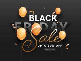 Black Friday Sale Poster Design Decorated with Golden Glossy Balloons and Discount Offer. vector