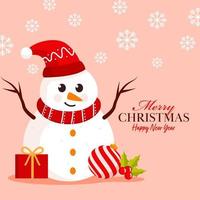 Merry Christmas Happy New Year Poster Design with Cartoon Snowman Wear Santa Hat, Gift Box, Holly Berry, Bauble and Snowflakes Decorated on Pastel Peach Background. vector