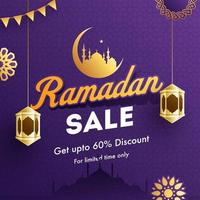 Ramadan Sale Background with Crescent Moon with Mosque, and Hanging Lanterns on Purple Background. vector