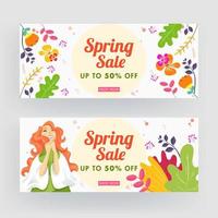 Spring Sale Header or Banner Design with Discount Offer, Cheerful Young Girl Character and Colorful Floral Decorated Background. vector