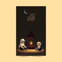 Arábica islámico caligrafía de deseo temor de Alá trae inteligencia, honestidad y amor y musulmán joven muchachas personaje leyendo corán, iluminado lámpara en noche tiempo. vector