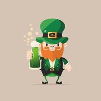 Funny Leprechaun Man Character Holding Beer Bottle On Dark Beige Background. St. Patrick's Day Concept. vector