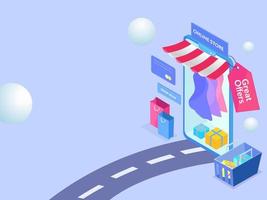 Isometric Illustration of Online Store in Smartphone with Great Offers Tag, Female Dresses, Carrying Bags, Full Basket of Gift Box and Payment Card on Blue Background. vector