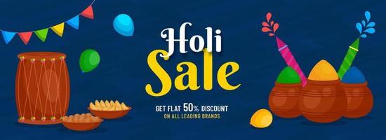 Holi Sale Banner Or Header Design With Discount Offer And Festival Elements On Blue Background. vector