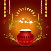 Happy Pongal Concept With Pongali Rice In Mud Pot, Sugarcanes And Flower Garland On Maroon Background. vector