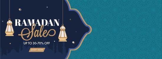 Ramadan Sale Header or Banner Design with Discount Offer and Hanging Lanterns on Blue and Green Arabic Pattern Background. vector