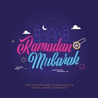 Islamic holy month of Ramadan Mubarak concept with colorful text and line-art illustration of mosque, crescent moon and clouds. vector