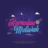 Islamic holy month of Ramadan Mubarak concept with colorful text and line-art illustration of mosque, crescent moon and clouds. vector