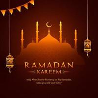 Islamic Holy Month of Ramadan Concept with Mosque and Hanging Lanterns on Maroon Background. vector