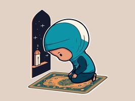 Sticker Style Muslim Girl Offering Namaz On Mat In Front of Mosque Window And Copy Space. vector