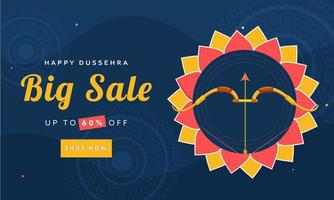 Happy Dussehra Big Sale Banner Design with Discount Offer and Bow Arrow on Blue Mandala Pattern Background. vector