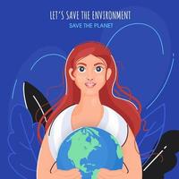 Beautiful Young Woman Holding Earth Globe with Leaves on Blue Background for Save The Environment. vector