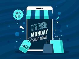 Online Shopping App in Smartphone with Carry Bags and Discount Offer for Cyber Monday. vector