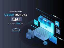 Cyber Monday Sale Poster Design with Discount Offer and 3D E-Shop in Laptop for Online Shopping. vector