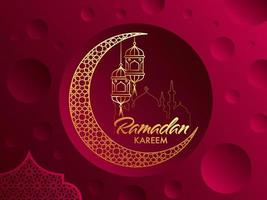 Islamic Holy Month Ramadan Kareem Concept with Crescent Golden Moon and Hanging Lanterns, and Floral Pattern on Abstract Red Background. vector