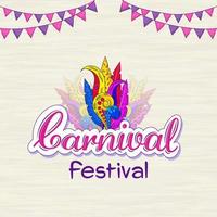 carnaval festival fuente con vistoso plumas y verderón banderas decorado en blanco textura o sutil antecedentes. vector