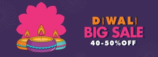 Diwali Big Sale Header or Banner Design with Discount offer and Lit Oil Lamps on Light Violet Mandala Pattern Background. vector