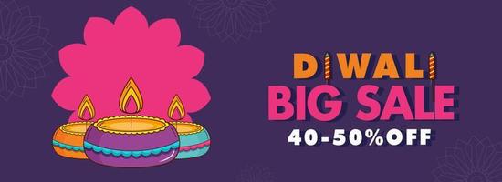 Diwali Big Sale Header or Banner Design with Discount offer and Lit Oil Lamps on Light Violet Mandala Pattern Background. vector