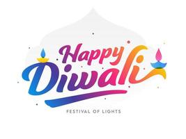 Gradient Happy Diwali Font with Oil Lamps on White Background. vector