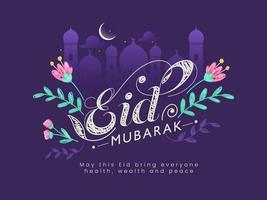 Beautiful text Eid Mubarak decorated with flowers, mosque silhouette, crescent moon on purple background. Islamic festival concept. vector