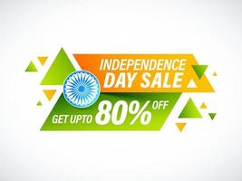 Independence Day Sale Poster Design with Discount Offer and Ashoka Wheel and Abstract Elements on White Background. vector