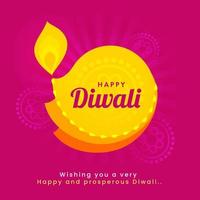 Happy Diwali Wishing Card with Flat Style Oil Lamp and Mandala Pattern on Pink Rays Background. vector